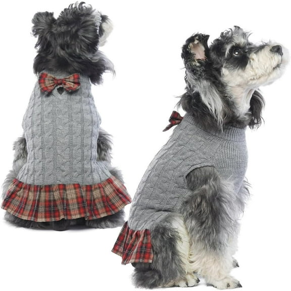 Kuoser British Style Dog Sweater, Warm Pet Knitwear with Bow, Cute Sweater Dress for Small Medium Dogs and Cats, S