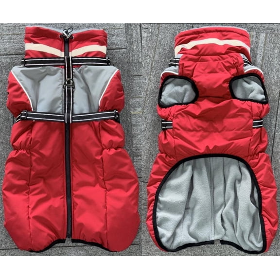 Kuoser Dog Winter Coat, 2 in 1 Pet Jacket with Harness Built in, Large Dog Clothes, Waterproof and Windproof, Red