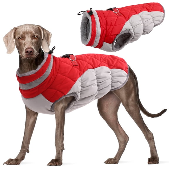 Kuoser Dog Winter Coat, Waterproof Windproof Fleece Padded Jacket with Reflective Trim and Leash Ring for Medium Dogs, Red, L