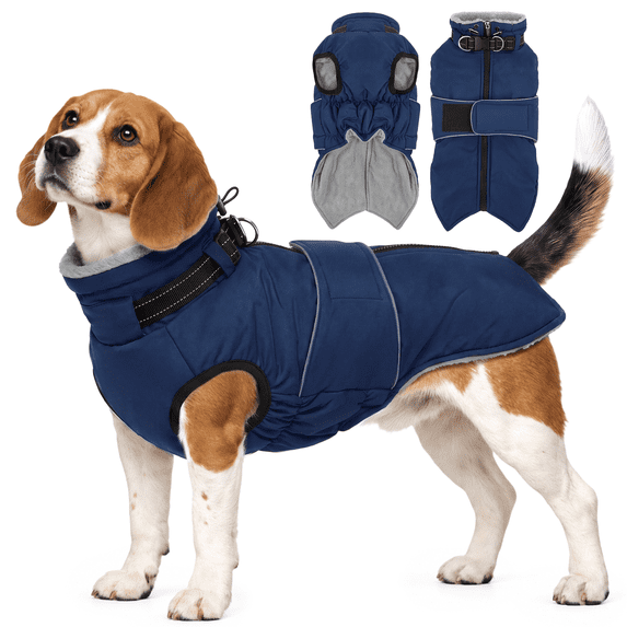 Kuoser Dog Winter Waterproof & Windproof Coat, Reflective Fleece Vest with Adjustable Buckle & Leash Hole for Small Dogs, Navy-Blue, XS
