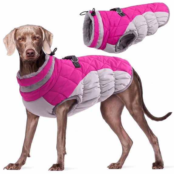 Kuoser Dog Winter Coat, Waterproof Windproof Fleece Padded Jacket with Reflective Trim and Leash Ring for Large Dogs, RoseRed, XXXL