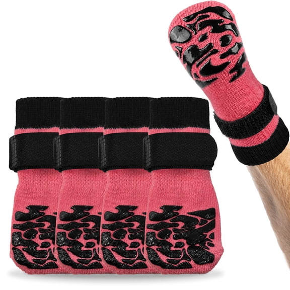 Kuoser Non-Slip Dog Socks for Hardwood Floors & Hot Pavement, Adjustable Pet Socks to Stop Licking and Slipping, Pink, S