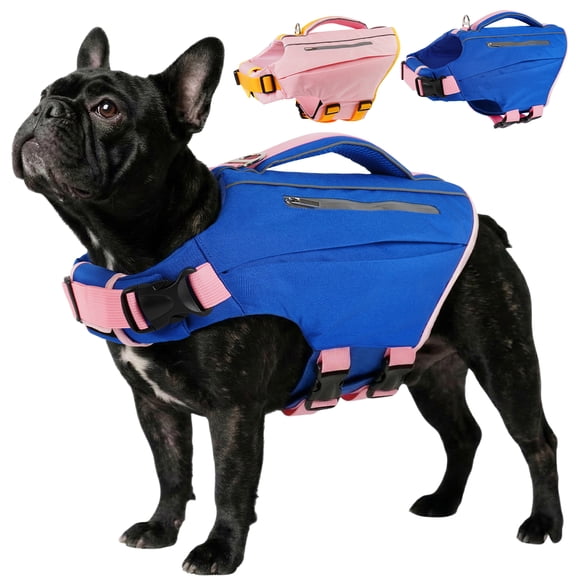 Kuoser Dog Life Jacket, High Flotation Dog Life Vest with Rescue Handle for Swimming Boating, Reflective Pet Safety Life Preserver for Small Medium Large Dogs, Blue, L