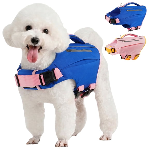 Kuoser Dog Life Jacket, High Flotation Dog Life Vest with Rescue Handle for Swimming Boating, Reflective Pet Safety Life Preserver for Small Medium Large Dogs, Blue, S