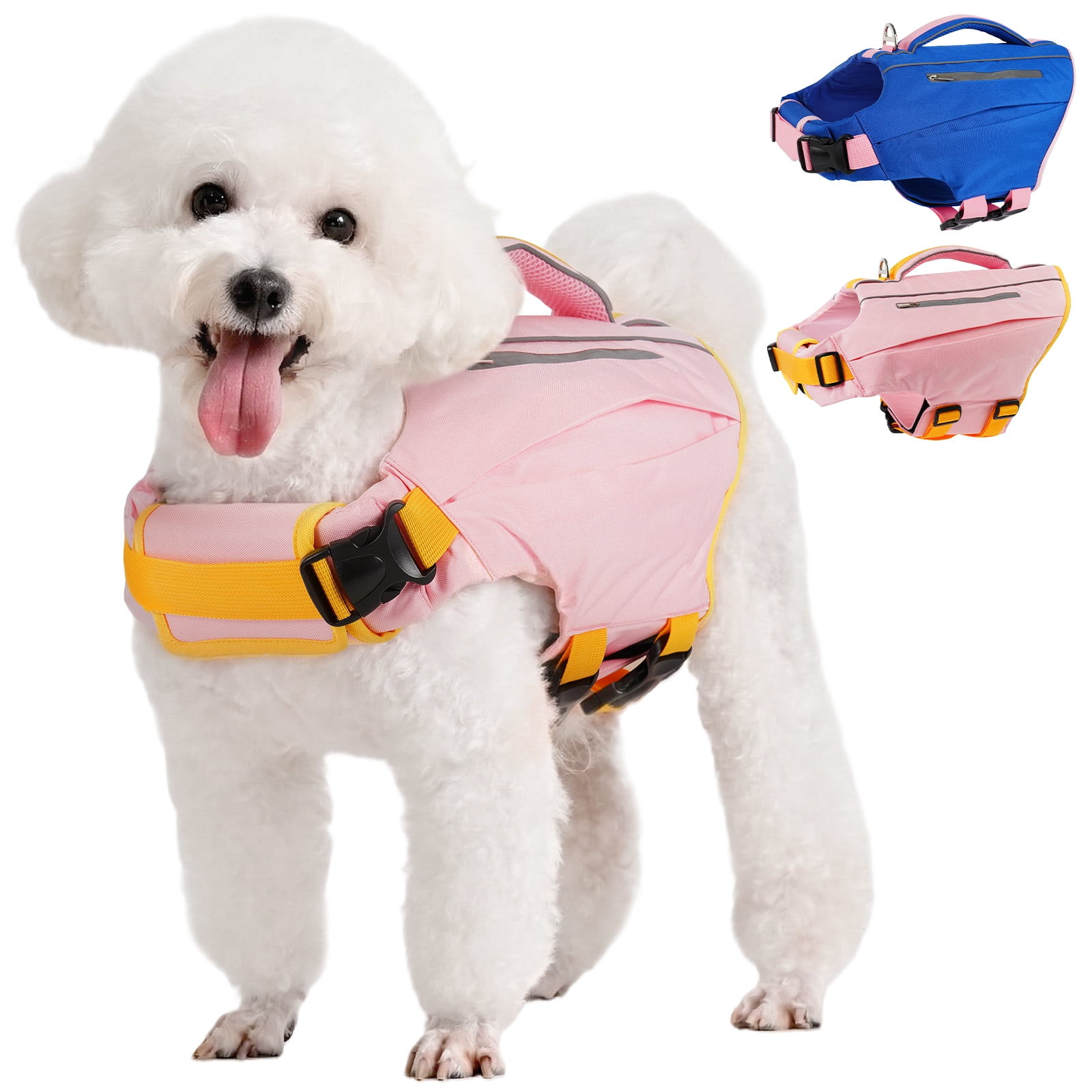 Kuoser Dog Life Jacket, High Flotation Dog Life Vest with Rescue Handle for Swimming Boating, Reflective Pet Safety Life Preserver for Small Medium Large Dogs, Pink, S