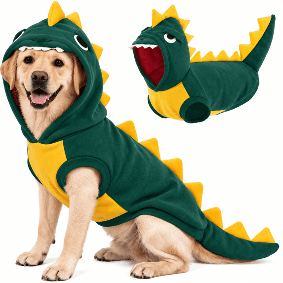 Kuoser Dog Dinosaur Halloween Costume, Funny Fleece Hoodie for Big Dogs, Green, XL