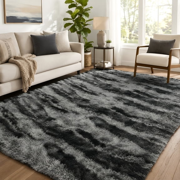 Kuotingluck Plush Black Area Rug, Kid & Pet Friendly Machine Washable Shag Rug with Non-Slip Backing,4'x6'