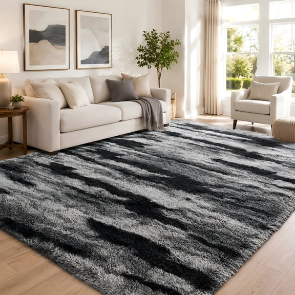 Kuotingluck Soft Black Shag Area Rug, Machine Washable Non-Slip Rug for Living Room,6'x9'