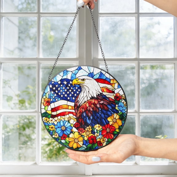 KuphiL10C American Eagle Suncatchers for Windows, American Flag Stained Glass Window Hanging, Eagle Sun Catchers with Metal Chain and Hook, Wall Art Home Decor, Birthday Gifts
