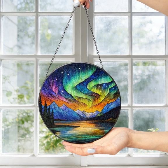 KuphiL10C Aurora Stained Glass Window Hanging, Northern Lights Suncatchers for Windows, Sun Catchers with Metal Chain and Hook, Wall Art Home Decor, Birthday Gifts