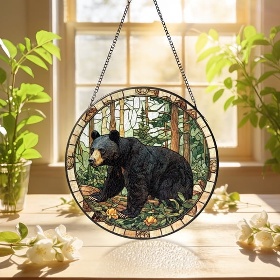 KuphiL10C Black Bear Suncatchers for Windows, Black Bear Stained Glass Window Hanging, Animl Forest Sun Catchers with Metal Chain and Hook, Wall Art Home Decor, Birthday Gifts