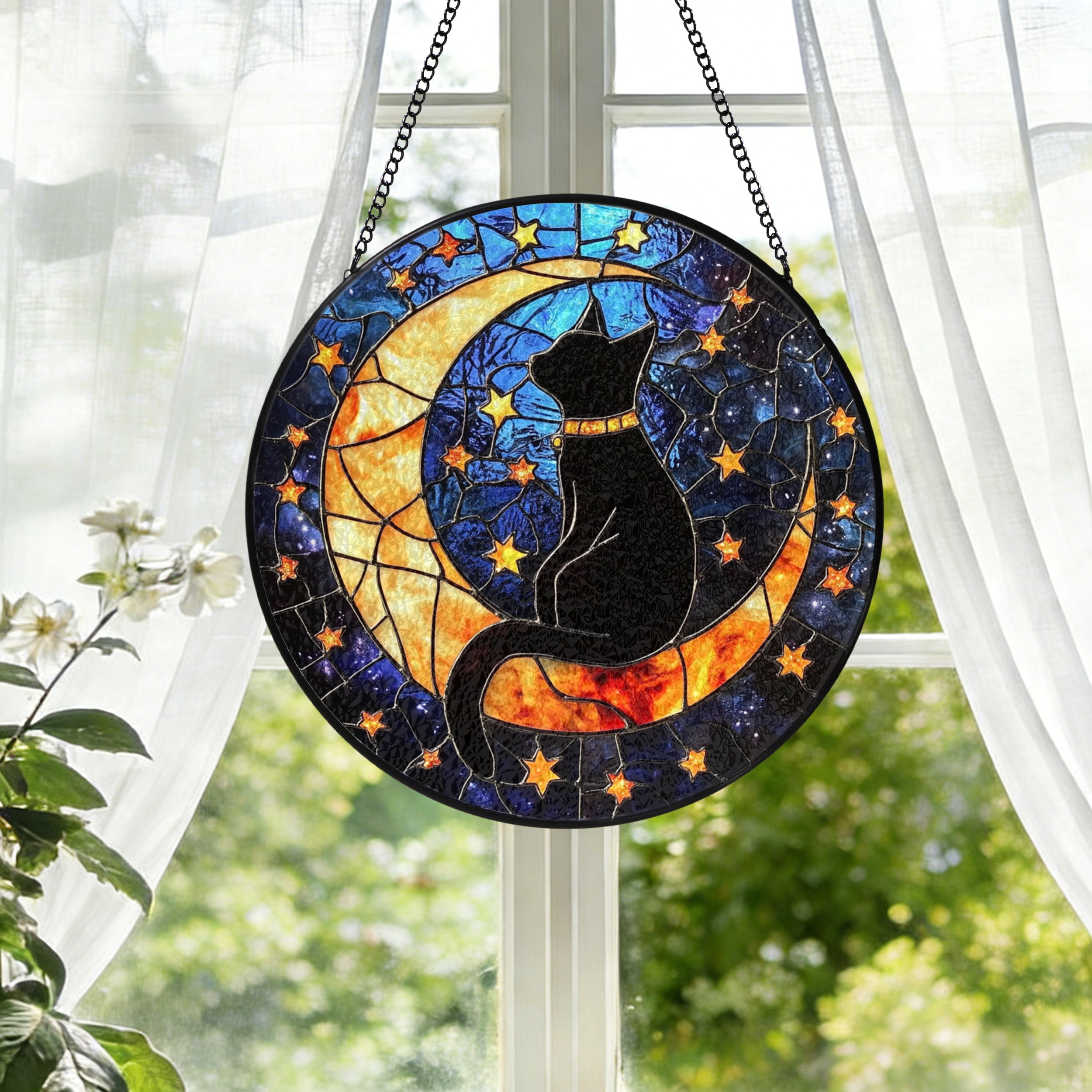 KuphiL10C Black Cat Stained Glass Window Hanging, Stars Moon ...