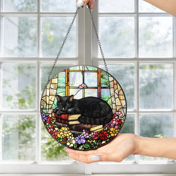 KuphiL10C Black Cat Suncatchers for Windows, Cat Book Stained Glass ...
