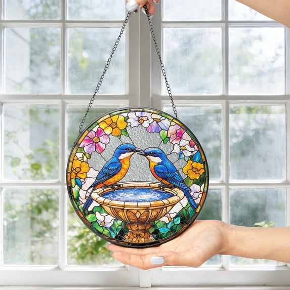 KuphiL10C Blue Birds Suncatchers for Windows, Floral Stained Glass Window Hanging, Flowers Garden Sun Catchers with Metal Chain and Hook, Wall Art Home Decor, Birthday Gifts