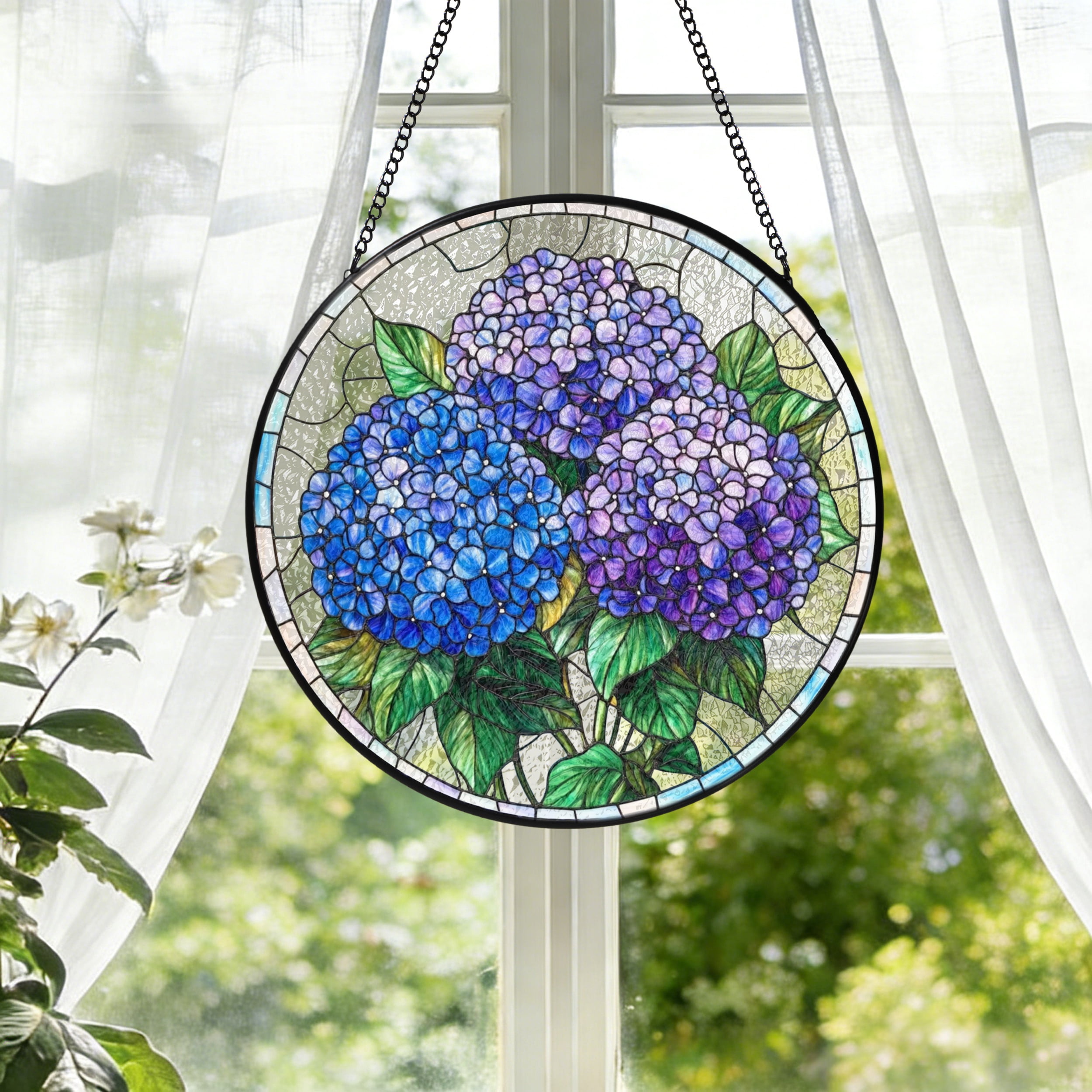 Hydrangea Windows KuphiL10C Blue Hydrangea Stained Glass Window Hanging, Purple Hydrangea ...