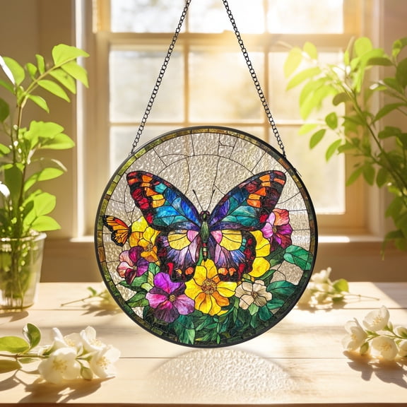 KuphiL10C Butterfly Suncatchers for Windows, Flowers Stained Glass Window Hanging, Floral Sun Catchers with Metal Chain and Hook, Wall Art Home Decor, Gifts for Mom Grandma, Valentines Gifts