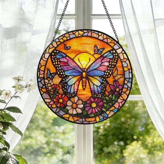 KuphiL10C Butterfly Suncatchers for Windows, Sunset Stained Glass Window Hanging, Flowers Sun Catchers with Metal Chain and Hook, Wall Art Home Decor, Cat Lover Gifts, Birthday Gifts
