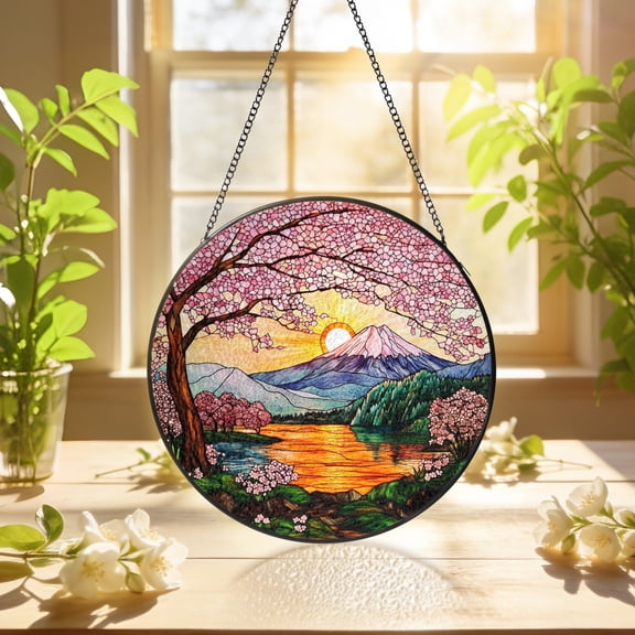 KuphiL10C Cherry Blossoms Suncatchers for Windows, Sunset Stained Glass Window Hanging, Nature Landscape Sun Catchers with Metal Chain and Hook, Wall Art Home Decor, Birthday Gifts