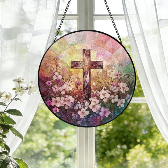KuphiL10C Christian Cross Glass Window Hanging, Religious Suncatchers for Windows, Floral Cross Sun Catchers with Metal Chain and Hook, Wall Art Home Decor