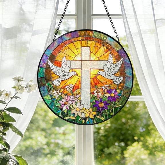 KuphiL10C Christian Cross Stained Glass Window Hanging, Dove Flowers Suncatchers for Windows, Floral Sun Catchers with Metal Chain and Hook, Wall Art Home Decor, Religious Gifts