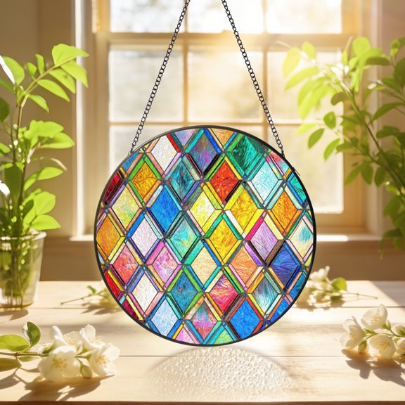 KuphiL10C Colorful Diamond Pattern Suncatchers for Windows, Diamond Pattern Stained Glass Window Hanging, Sun Catchers with Metal Chain and Hook, Wall Art Home Decor, Birthday Gifts