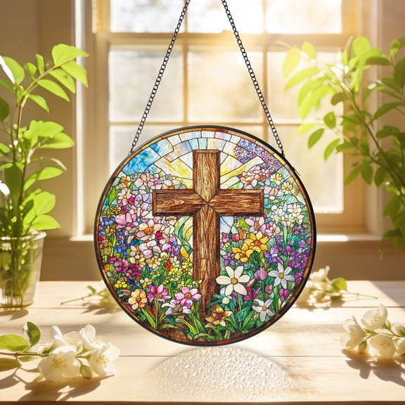 KuphiL10C Cross Suncatchers for Windows, Flowers Stained Glass Window Hanging, Floral Sun Catchers with Metal Chain and Hook, Religious Gifts, Jesus Home Decor