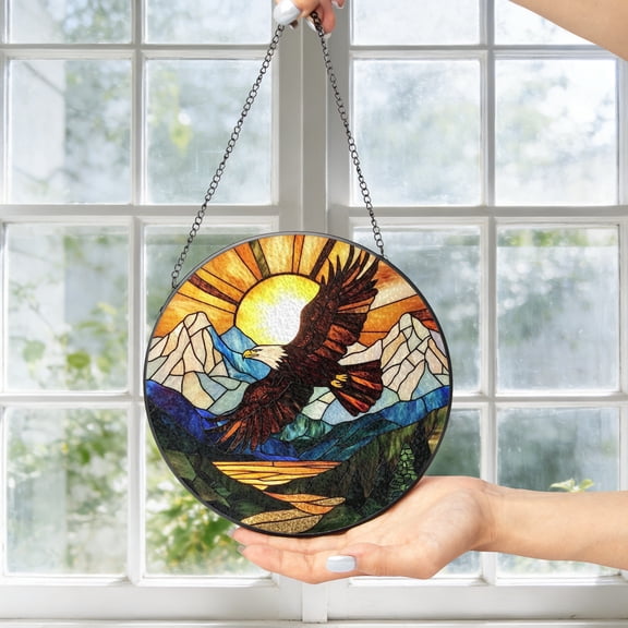 KuphiL10C Eagle Suncatchers for Windows, Sunset Stained Glass Window Hanging, Landscape Sun Catchers with Metal Chain and Hook, Wall Art Home Decor, Eagle Lover Gifts, Birthday Gifts