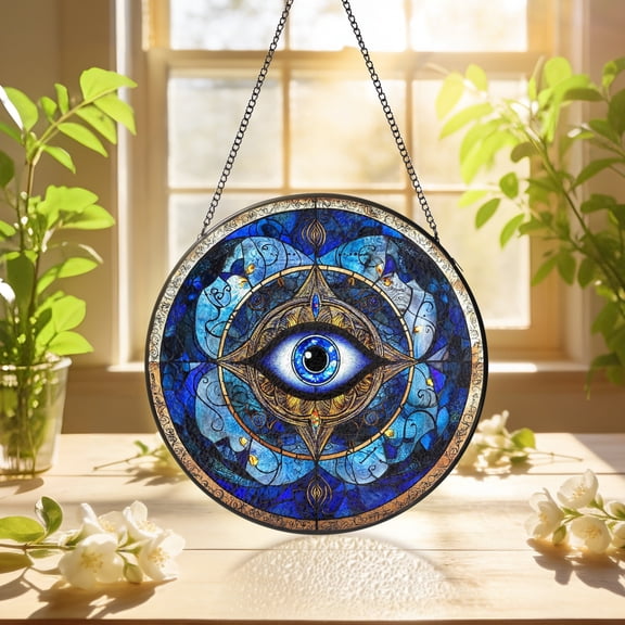 KuphiL10C Evil Eye Suncatchers for Windows, Celestial Eye Stained Glass Window Hanging, Sun Catchers with Metal Chain and Hook, Wall Art Home Decor, Birthday Gifts