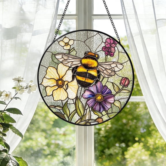KuphiL10C Floral Bee Suncatchers for Windows, Flowers Stained Glass Window Hanging, Floral Sun Catchers with Metal Chain and Hook, Bee Lover Gifts, Gifts for Mom Grandma