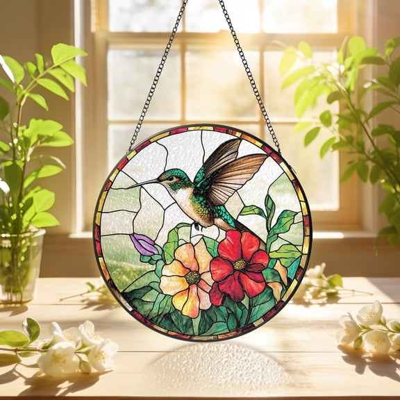 KuphiL10C Hummingbird Suncatchers for Windows, Floral Stained Glass Window Hanging, Flowers Sun Catchers with Metal Chain and Hook, Wall Art Home Decor, Gifts for Mom Grandma