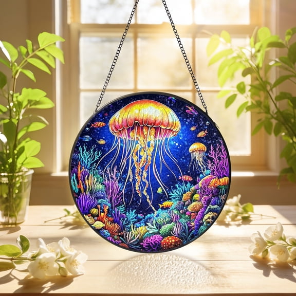 KuphiL10C Jellyfish Suncatchers for Windows, Jellyfish Stained Glass Window Hanging, Ocean Sun Catchers with Metal Chain and Hook, Wall Art Home Decor, Birthday Gifts