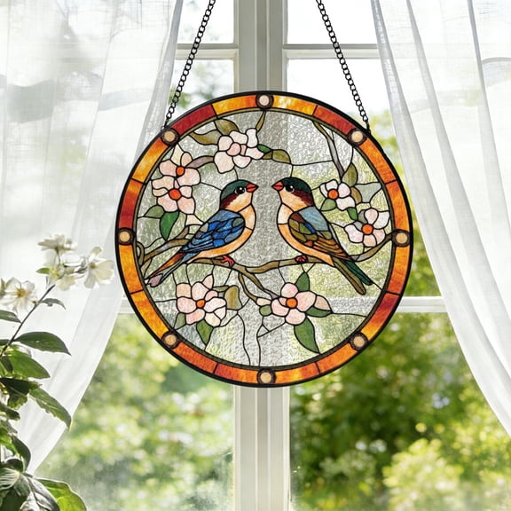 KuphiL10C Love Bird Suncatchers for Windows, Flowers Stained Glass Window Hanging, Floral Sun Catchers with Metal Chain and Hook, Bird Lover Gifts, Gifts for Mom Grandma