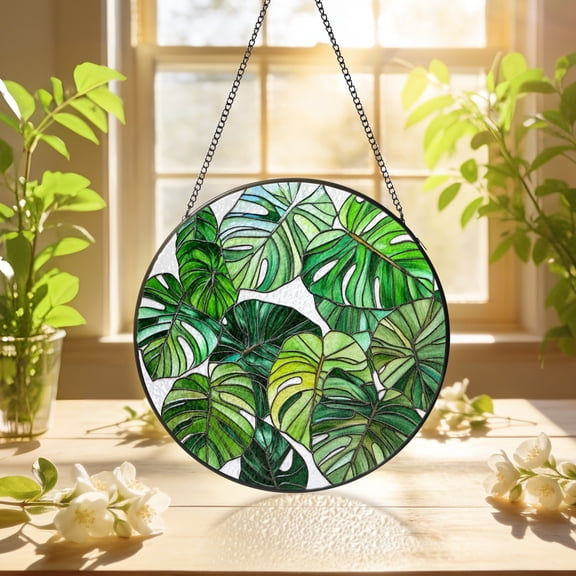 KuphiL10C Monstera Deliciosa Suncatchers for Windows, Monstera Stained Glass Window Hanging, Plant Sun Catchers with Metal Chain and Hook, Wall Art Home Decor, Birthday Gifts