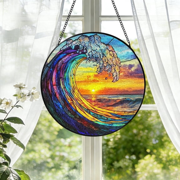 KuphiL10C Ocean Waves Suncatchers for Windows, Sunrise Stained Glass Window Hanging, Sun Catchers with Metal Chain and Hook, Birthday Gifts, Beach Window Art, Mother’s Day Gift