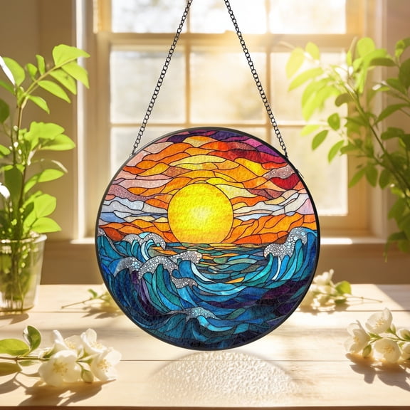 KuphiL10C Ocean Waves Suncatchers for Windows, Sunset Stained Glass Window Hanging, Seascape Sun Catchers with Metal Chain and Hook, Wall Art Home Decor, Birthday Gifts