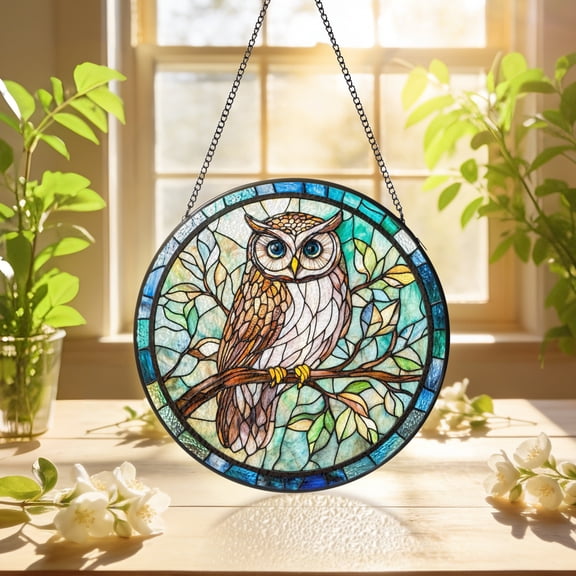 KuphiL10C Owl Suncatchers for Windows, Owl Stained Glass Window Hanging, Animal Sun Catchers with Metal Chain and Hook, Wall Art Home Decor, Birthday Gifts for Parents Friends