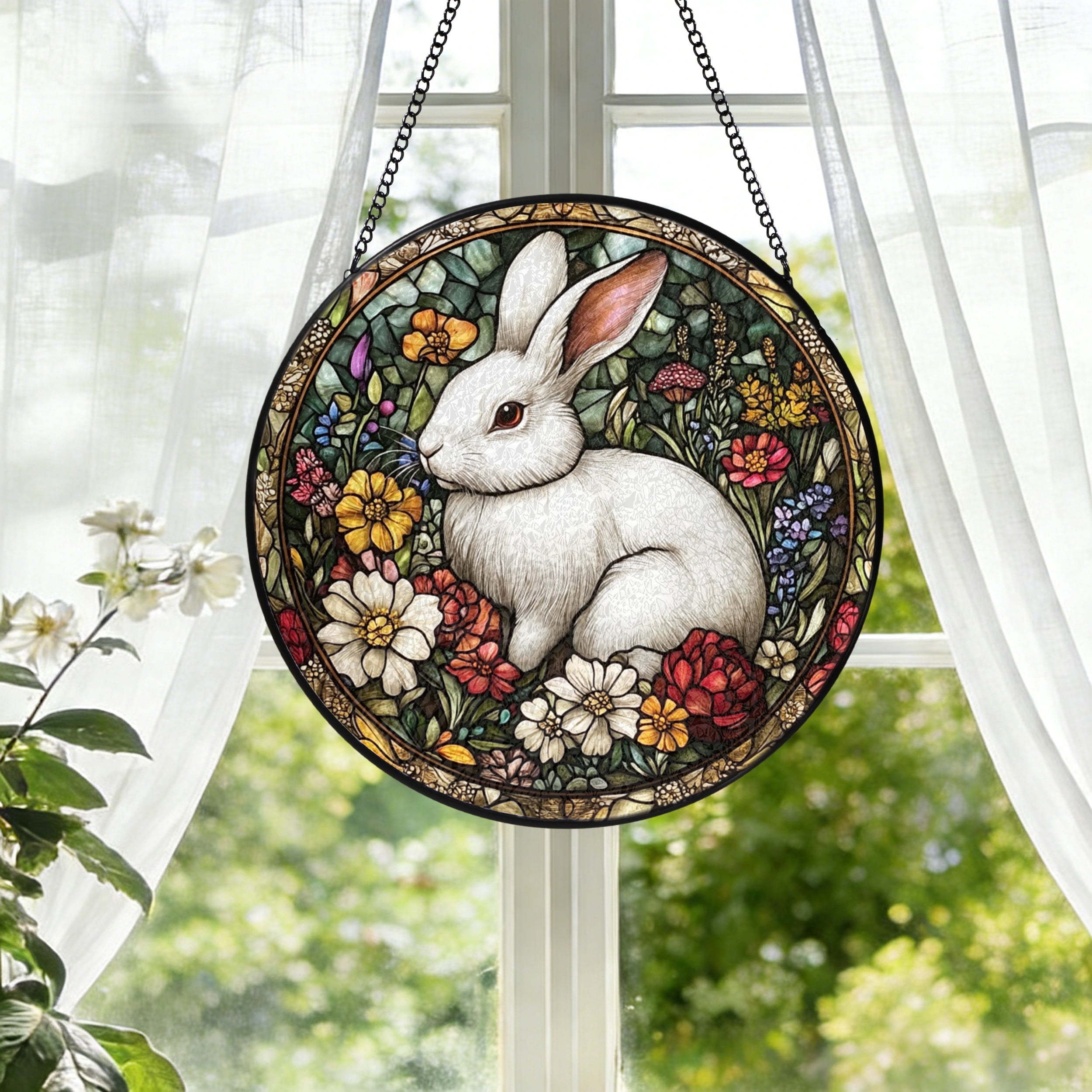 KuphiL10C Rabbit Suncatchers for Windows, Flowers Stained Glass Window ...