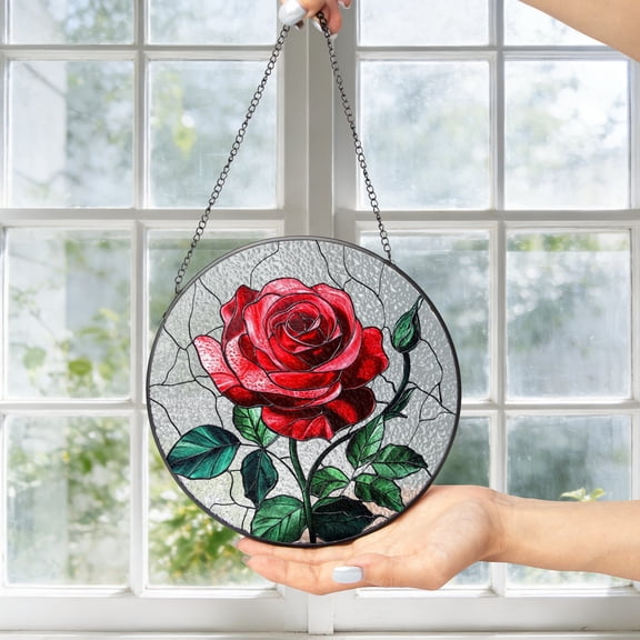 KuphiL10C Red Rose Suncatchers for Windows, Red Rose Stained Glass Window Hanging, Floral Sun Catchers with Metal Chain and Hook, Wall Art Home Decor, Mother's Day Gift