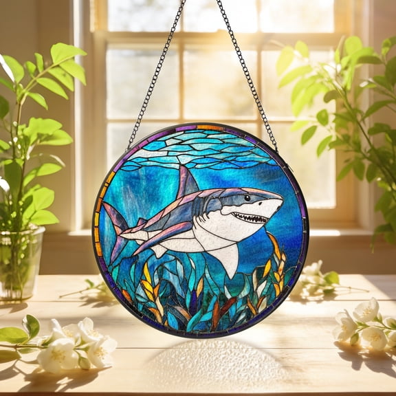 KuphiL10C Shark Suncatchers for Windows, Shark Stained Glass Window Hanging, Ocean Sun Catchers with Metal Chain and Hook, Wall Art Home Decor, Birthday Gifts