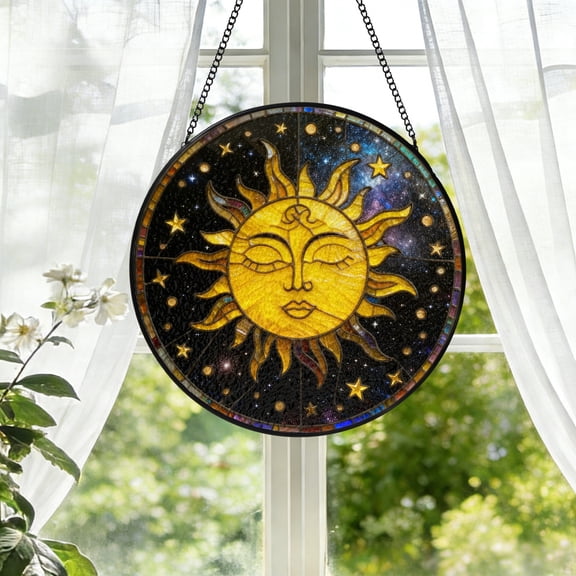 KuphiL10C Sun Moon Suncatchers for Windows, Sun Galaxy Stained Glass Window Hanging, Sun Catchers with Metal Chain and Hook, Wall Art Home Decor, Birthday Gifts for Parents Friends