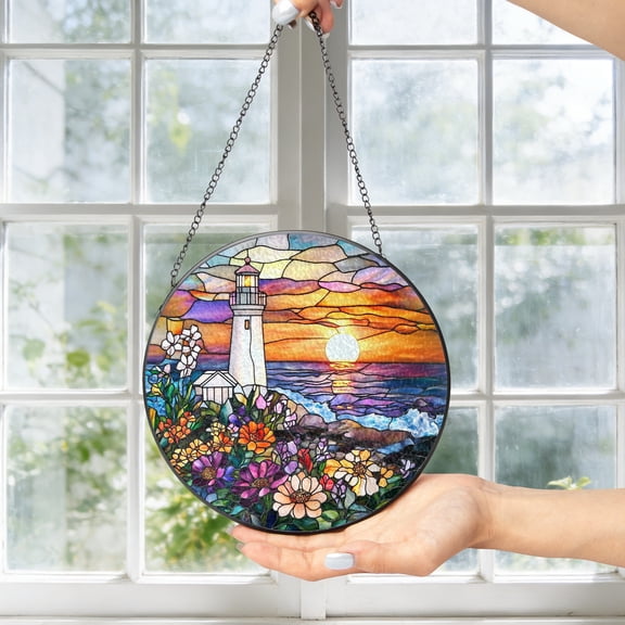 KuphiL10C Sunset Stained Glass Window Hanging, Lighthouse Suncatchers for Windows, Seaside Sun Catchers with Metal Chain and Hook, Wall Art Home Decor, Birthday Gifts