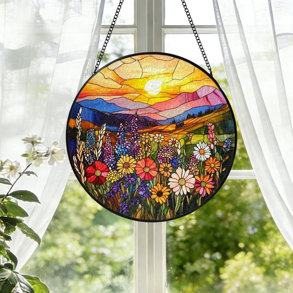 KuphiL10C Sunset Suncatchers for Windows, Flowers Stained Glass Window Hanging, Floral Sun Catchers with Metal Chain and Hook, Wall Art Home Decor, Gifts for Mom Grandma, Valentines Gifts