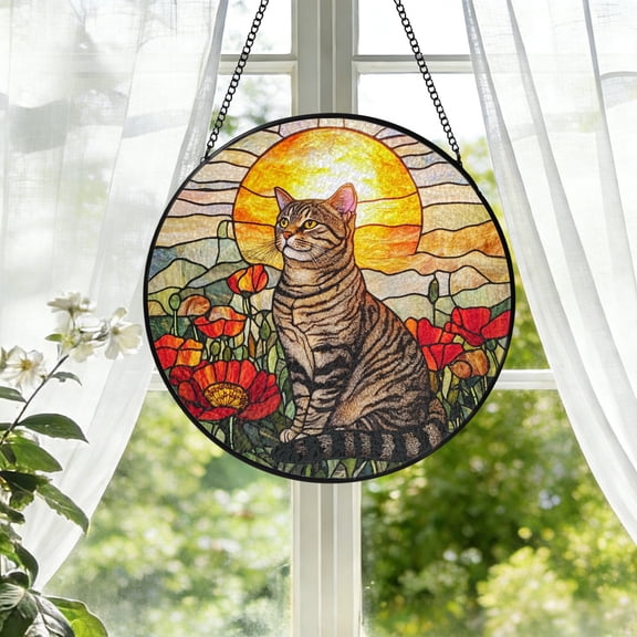 KuphiL10C Tabby Cat Suncatchers for Windows, Sunset Stained Glass Window Hanging, Flowers Sun Catchers with Metal Chain and Hook, Wall Art Home Decor, Cat Lover Gifts, Birthday Gifts