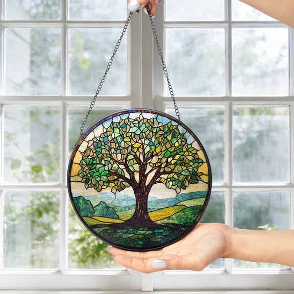 KuphiL10C Tree of Life Suncatchers for Windows, Tree Stained Glass Window Hanging, Sun Catchers with Metal Chain and Hook, Wall Art Home Decor, Birthday Gifts for Parents Friends