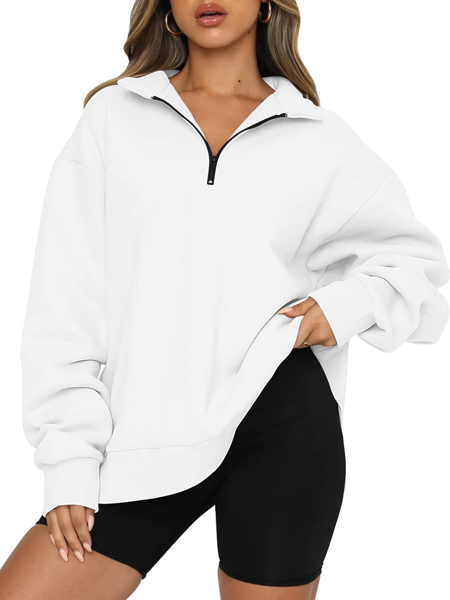 Kupretty Women Long Sleeve Zipper Hoodies Solid Color Sweatshirts