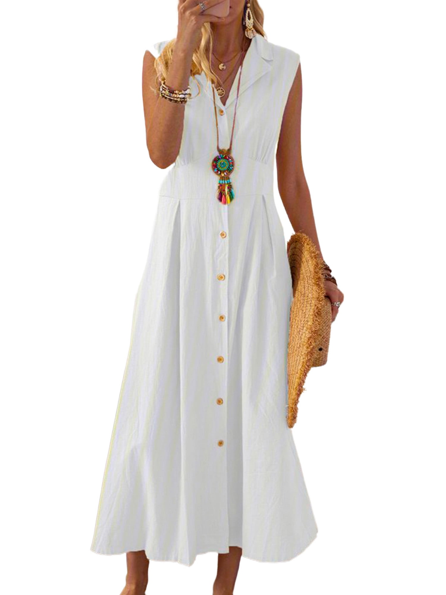 Kupretty Womens Vintage Cotton Linen A-line Dress Summer Casual Button Down  V-neck Midi Dress Plus Size 