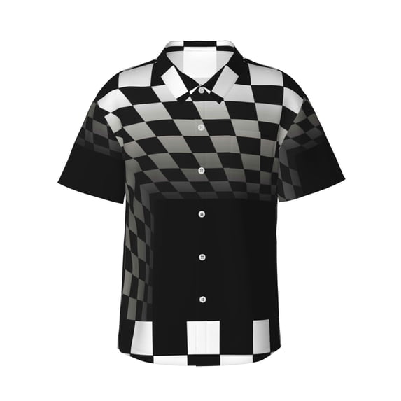 Kuqiui 3d Black and White Checkerboard Tunnel Pattern Men's Casual Button-Down Shirts Hawaiian Shirt Short Sleeve-3X-Large