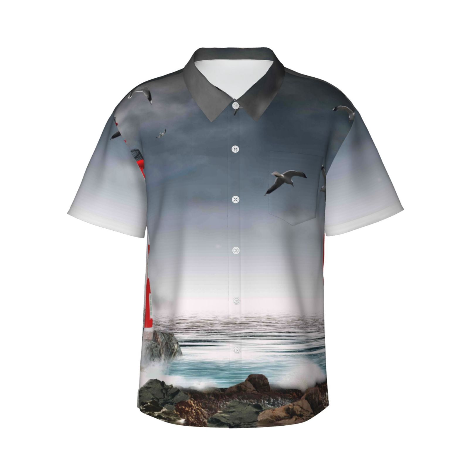 Kuqiui 3d Lighthouse in the Surf Pattern Men's Casual Button-Down Shirts Hawaiian Shirt Short Sleeve-X-Large