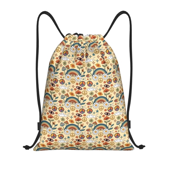 Kuqiui 70s Hippie Style Print Drawstring Backpack Drawstring Bags,Draw String Back Bag Drawstring Bags for Sports,Gym,Travel,Swimming,Beach