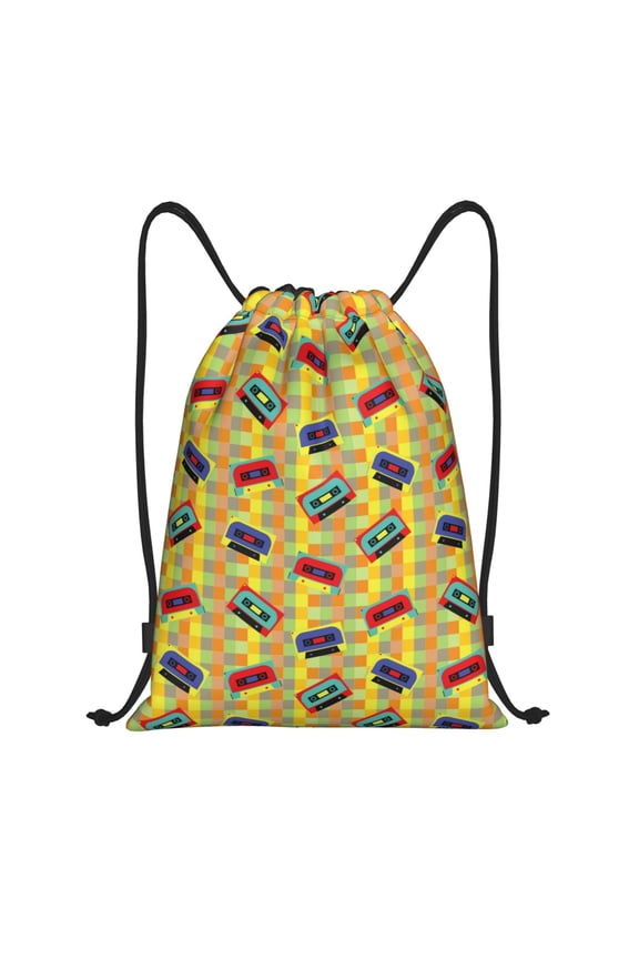 90s Audio Tape Print Drawstring Backpack Drawstring Bags,Draw String Back Bag Drawstring Bags for Sports,Gym,Travel,Swimming,Beach